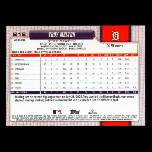 Troy Melton RC 2026 Topps Rookie Tigers