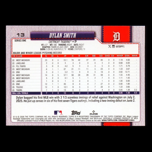 Dylan Smith RC 2026 Topps Rookie Tigers
