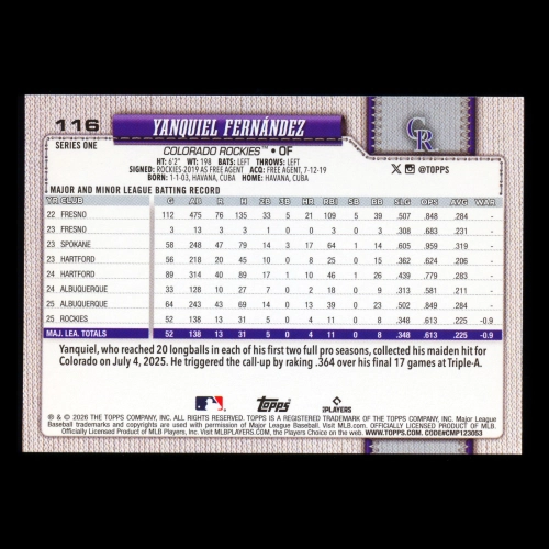 Yanquiel Fernndez RC 2026 Topps Rookie Rockies