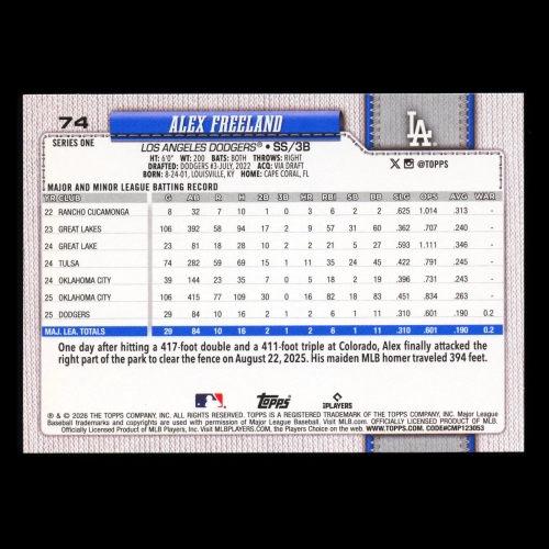 Alex Freeland RC 2026 Topps Rookie Dodgers