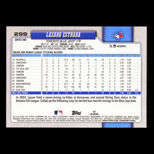 Lazaro Estrada RC 2026 Topps Rookie Blue Jays