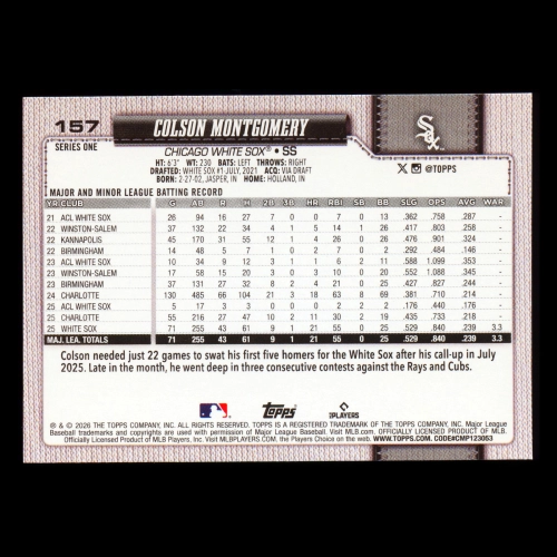 Colson Montgomery RC 2026 Topps Rookie White Sox