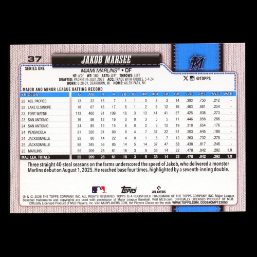 Jakob Marsee RC 2026 Topps All-Star Rookie Marlins