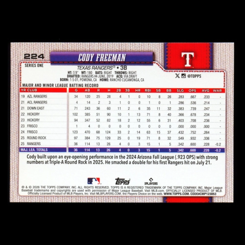 Cody Freeman RC 2026 Topps Rookie Rangers