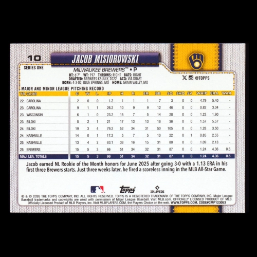 Jacob Misiorowski RC 2026 Topps Rookie Brewers