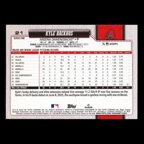 Kyle Backhus RC 2026 Topps Rookie Diamondbacks