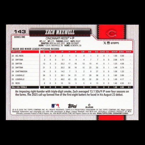 Zach Maxwell RC 2026 Topps Rookie Reds