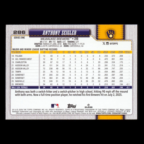 Anthony Seigler RC 2026 Topps Rookie Brewers