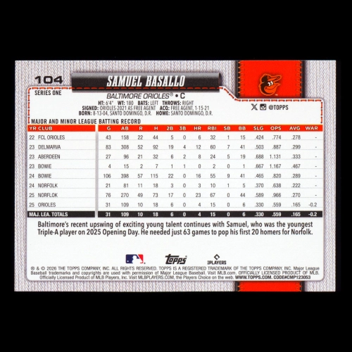 Samuel Basallo RC 2026 Topps Rookie Orioles