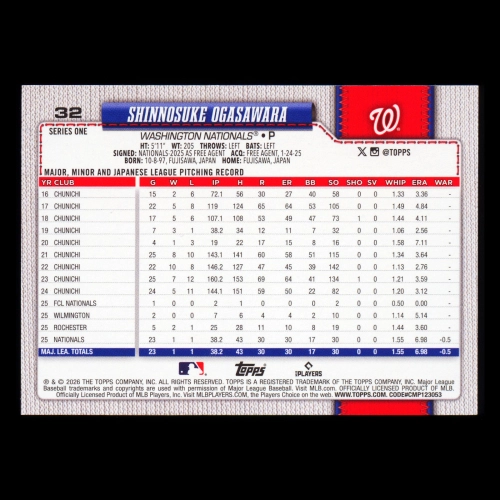 Shinnosuke Ogasawara RC 2026 Topps Rookie Nationals