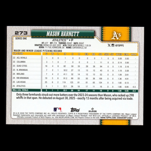 Mason Barnett RC 2026 Topps Rookie Athletics