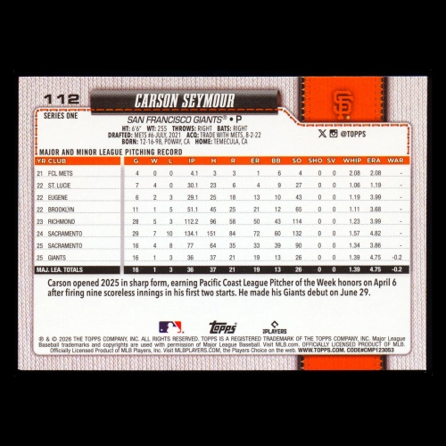 Carson Seymour RC 2026 Topps Rookie Giants