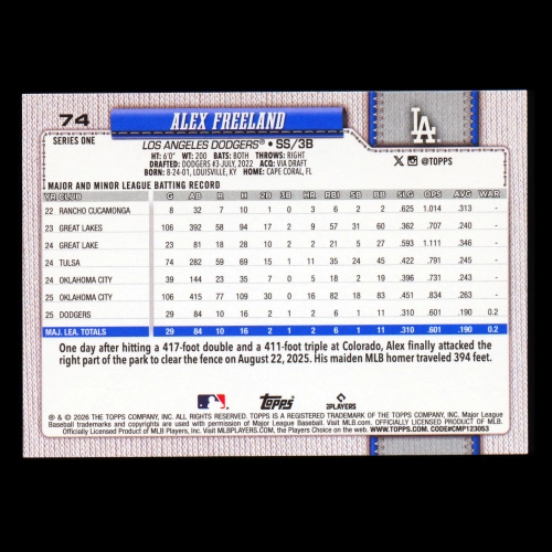 Alex Freeland RC 2026 Topps Rookie Dodgers