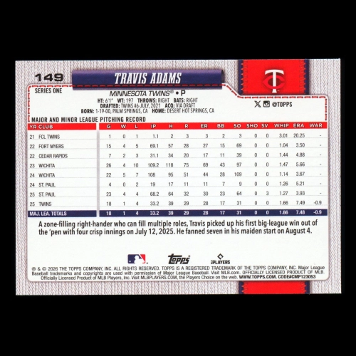 Travis Adams RC 2026 Topps Rookie Twins
