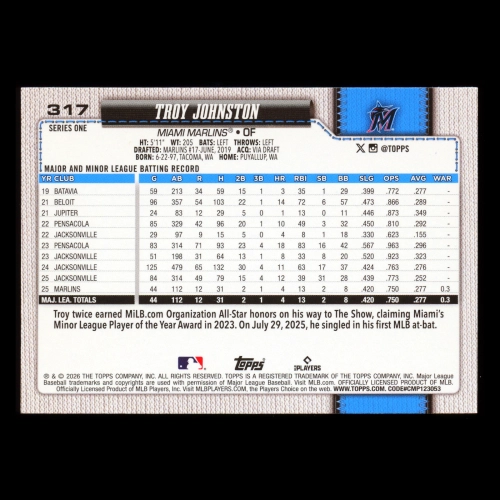 Troy Johnston RC 2026 Topps Rookie Marlins