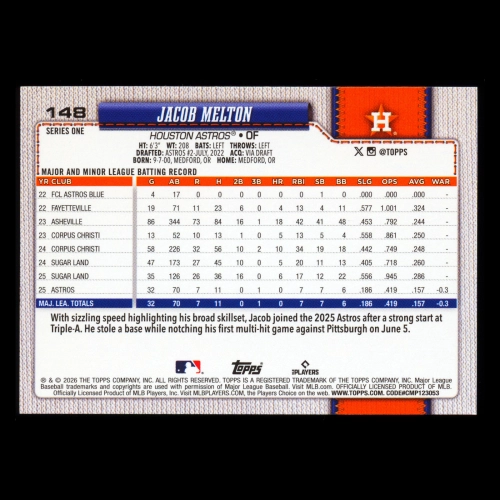 Jacob Melton RC 2026 Topps Rookie Astros