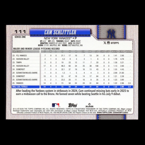 Cam Schlittler RC 2026 Topps Rookie Yankees