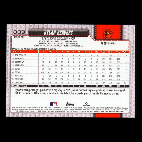Dylan Beavers RC 2026 Topps Rookie Orioles