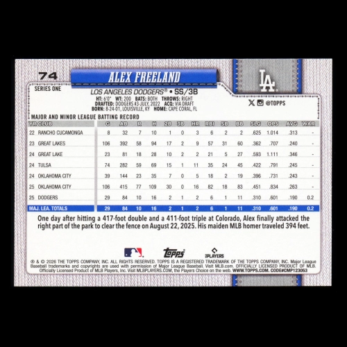 Alex Freeland RC 2026 Topps Rookie Dodgers