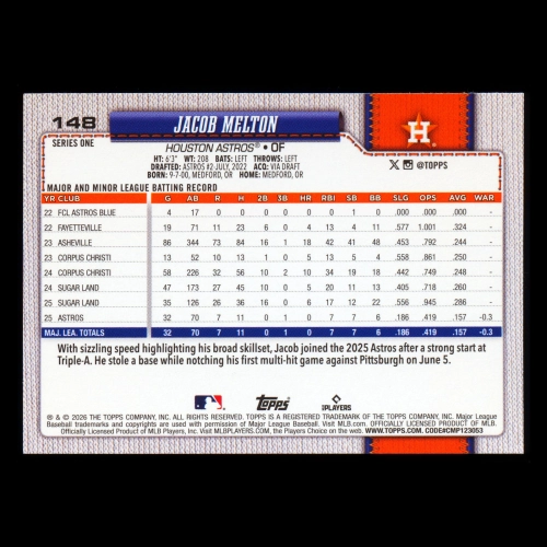 Jacob Melton RC 2026 Topps Rookie Astros