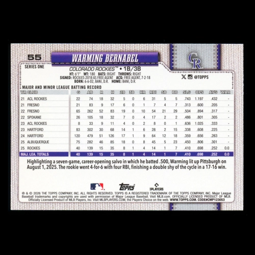 Warming Bernabel RC 2026 Topps Rookie Rockies