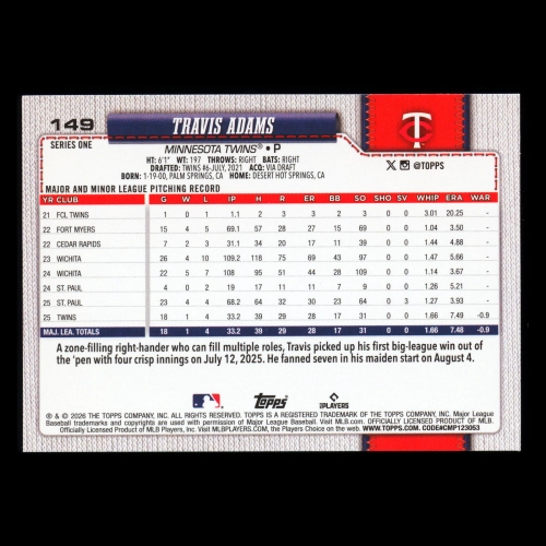Travis Adams RC 2026 Topps Rookie Twins