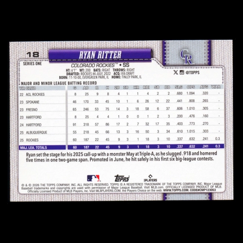 Ryan Ritter RC 2026 Topps Rookie Rockies