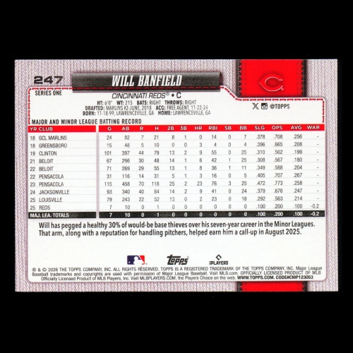 Will Banfield RC 2026 Topps Rookie Reds