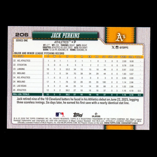 Jack Perkins RC 2026 Topps Rookie Athletics