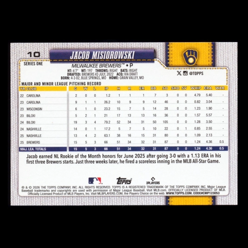 Jacob Misiorowski RC 2026 Topps Rookie Brewers
