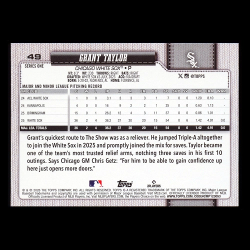 Grant Taylor RC 2026 Topps Rookie White Sox