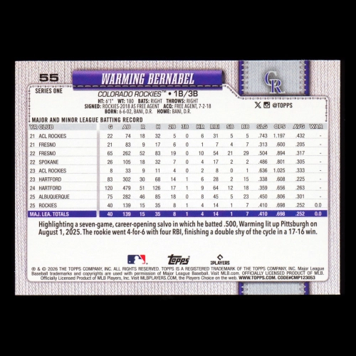Warming Bernabel RC 2026 Topps Rookie Rockies