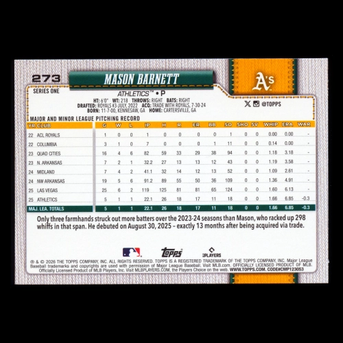 Mason Barnett RC 2026 Topps Rookie Athletics