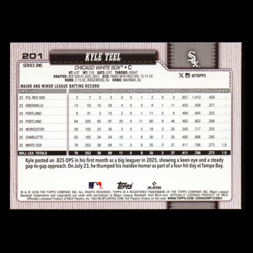 Kyle Teel RC 2026 Topps Rookie White Sox