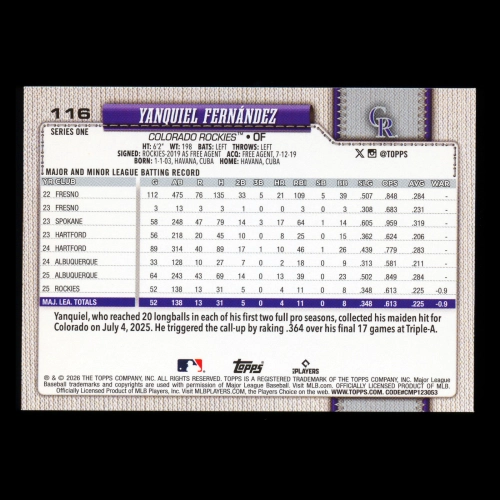 Yanquiel Fernndez RC 2026 Topps Rookie Rockies
