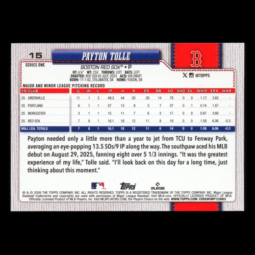 Payton Tolle RC 2026 Topps Rookie Red Sox
