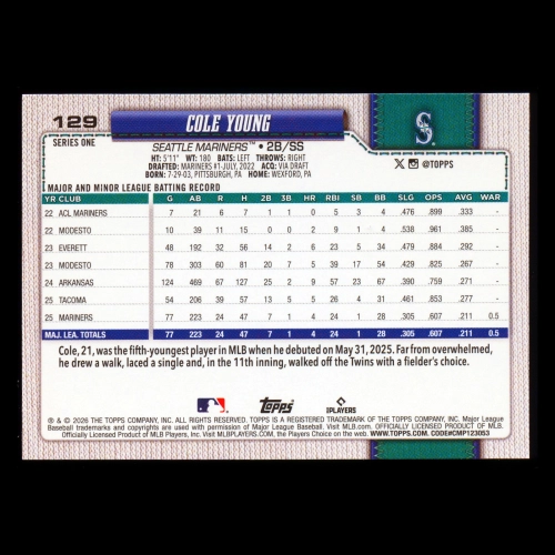 Cole Young RC 2026 Topps Rookie Mariners