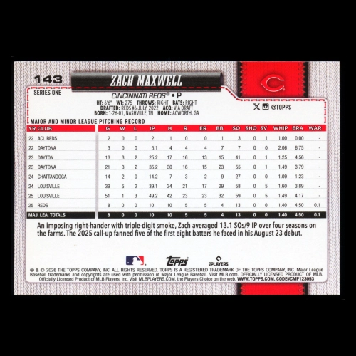 Zach Maxwell RC 2026 Topps Rookie Reds