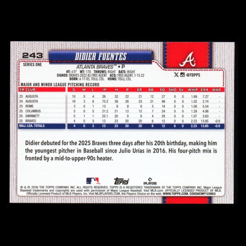 Didier Fuentes RC 2026 Topps Rookie Braves