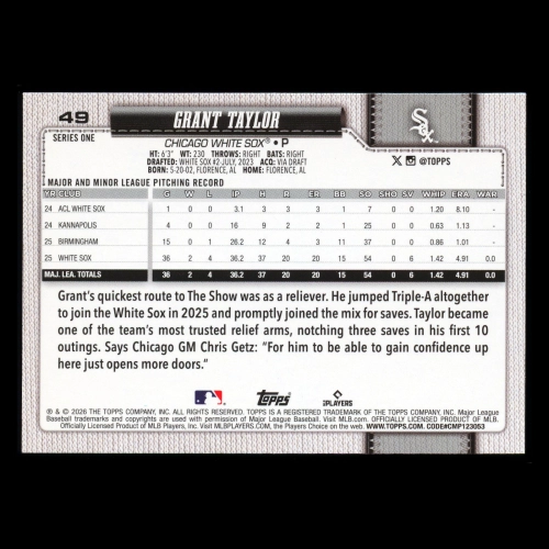 Grant Taylor RC 2026 Topps Rookie White Sox