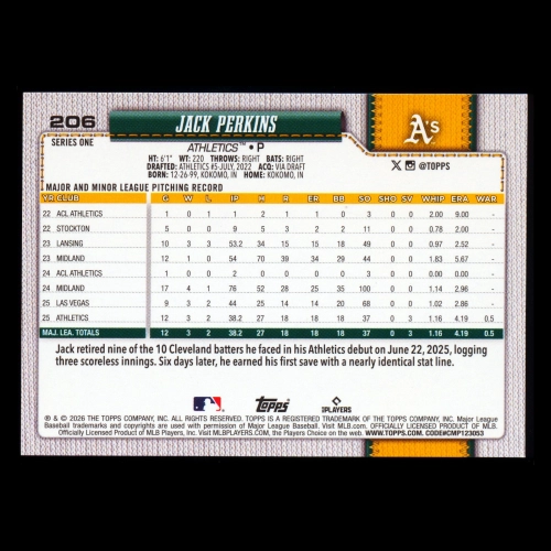 Jack Perkins RC 2026 Topps Rookie Athletics
