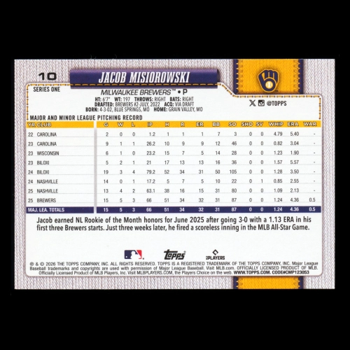 Jacob Misiorowski RC 2026 Topps Rookie Brewers