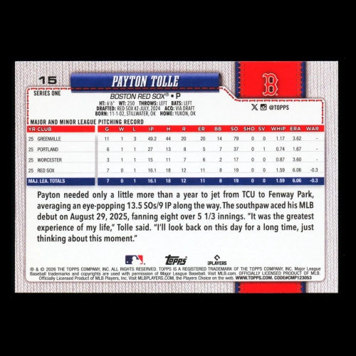Payton Tolle RC 2026 Topps Rookie Red Sox