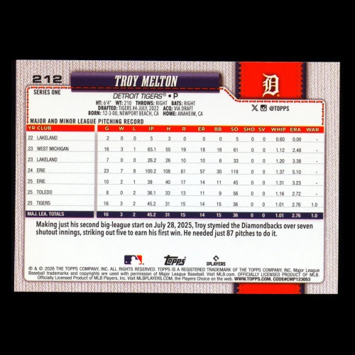 Troy Melton RC 2026 Topps Rookie Tigers