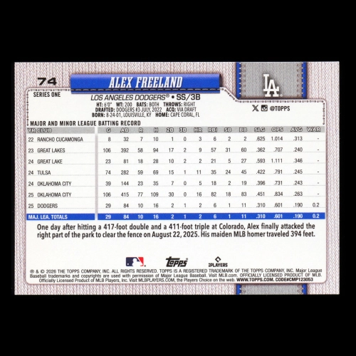 Alex Freeland RC 2026 Topps Rookie Dodgers