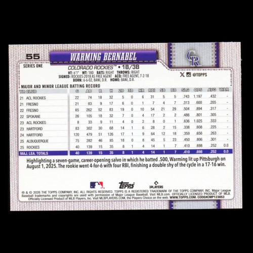 Warming Bernabel RC 2026 Topps Rookie Rockies