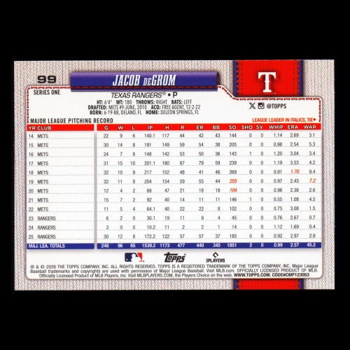 Jacob deGrom 2026 Topps Rangers