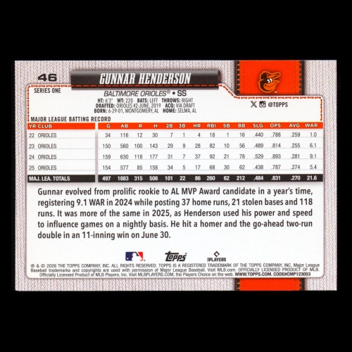 Gunnar Henderson 2026 Topps Orioles