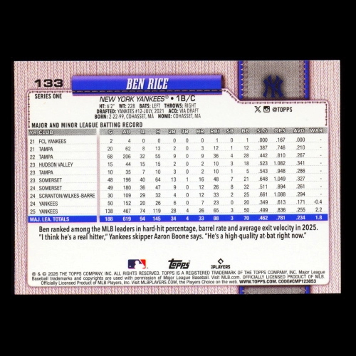 Ben Rice 2026 Topps Yankees