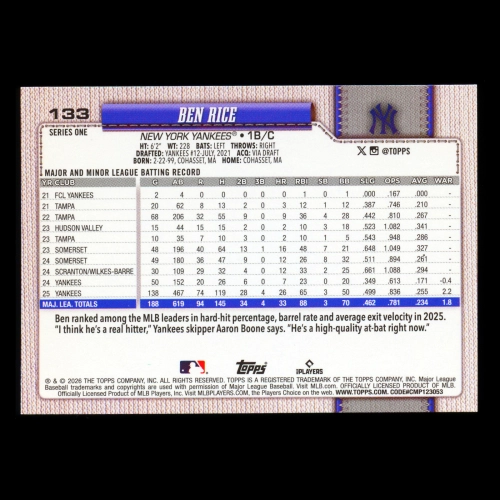 Ben Rice 2026 Topps Yankees